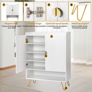 Panel de Puerta Tallado en Forma de V FCH, 80*37*110cm, Gabinete de Tablero de Partículas Blanco con Doble Puerta, Estante Superior para Zapatos, Accesorio Dorado - Product Image 4