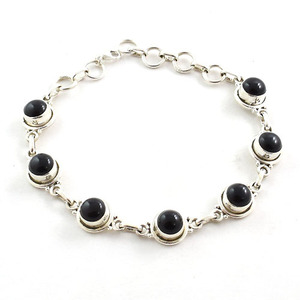 925 Sterling Silver Black Onyx <b>Ball</b> Charm Chain <b>Bracelet</b> Classic Bezel Setting Unisex Everyday Wear 15g Third Party Certified - Product Image 1