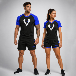 T-shirt unisexe col en V à manches raglan, imprimé par sublimation, séchage rapide, coupe sportive, motif noir et bleu, 100 % coton, coupe classique - Product Image 1