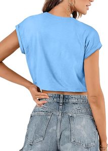 Women's Light Blue Crop <b>Top</b> Short Sleeve Crew Neck Loose Fit Casual Solid Color Knitted 100% Cotton Spring Summer Wear - Product Image 5