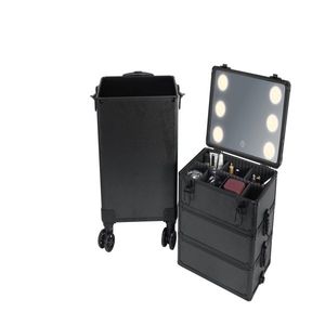 4 in 1 Interchangeable Aluminum Rolling Makeup Case with Draw Bar Style LED Mirror Black - Product Image 3
