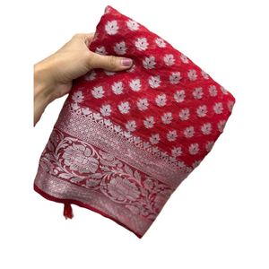 ATRACTIVA ORGANZA PLATA TEJIDO JACQUARD FRONTERA TRABAJO SAREE CON BLUSA DESCOSADA ROJO - Product Image 1