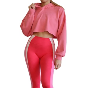 2025 Women's <b>Pink</b> Cotton Terry Hoodie Breathable <b>Crop</b> <b>Top</b> with Printed Front Logo Gym Active Casual Hooded Collar Winter Wear - Product Image 3