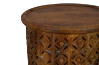 Table basse indienne sculptée à la main en bois de manguier massif à motif de diamant Table d'appoint de thé de forme ronde pour salon Table basse intérieure de luxe à usage domestique