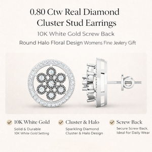 0.80 Ctw Real Diamond Cluster Stud <b>Earrings</b> 10K White Gold Screw <b>Back</b> | Round Halo Floral Design Womens Fine Jewelry Gift - Product Image 5