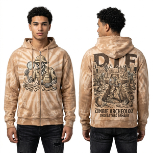 Sudadera con capucha para hombre, color tostado, con cremallera, diseño personalizado de arqueólogo zombi, estampado de esqueleto explorador, estilo vintage, de forro polar con efecto lavado a la arena - Product Image 1