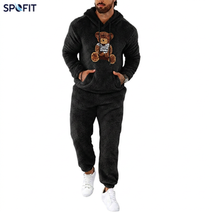 SPOFIT Men's Fleece Sherpa Tracksuit <b>Teddy</b> Bear Print Hoodie & Jogger Pants <b>Set</b> Plush <b>Lounge</b> wear Two Piece Outfit - Product Image 5