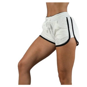 Shorts de yoga et de course pour femme, taille haute, blanc, coupe sirène, avec bordure noire, en polaire respirante, taille élastique, séchage rapide, logo personnalisé - Product Image 3