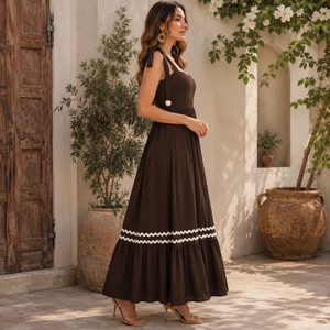 Robe longue marron tissée pour femme avec bretelles à nouer, col cœur, taille smockée et ourlet à volants |   Fête de plage estivale décontractée et élégante - Product Image 3