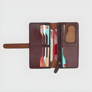 Portefeuille long élégant pour homme en cuir véritable, organiseur de téléphone, couleur cognac, style vintage, avec poche zippée et fenêtre pour carte d'identité - Product Image 2