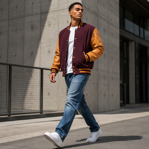 Veste universitaire pour homme de couleur marron avec manches en PU beige, fermeture à boutons, vêtement décontracté pour l'automne, coupe classique - Product Image 2