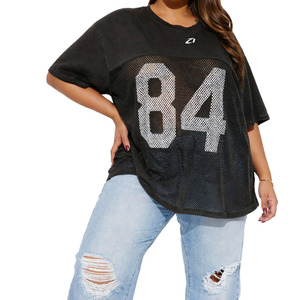 เสื้อเจอร์ซีย์อเมริกันฟุตบอลผู้หญิงทรงโอเวอร์ไซส์ ผ้าตาข่าย ระบายอากาศได้ดี โพลีเอสเตอร์ สตรีทแวร์ ลายกราฟิก หมายเลขด้านหน้า สีดำ เสื้อผ้ากีฬา - Product Image 3