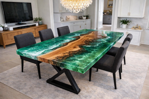 Luxury Green <b>Epoxy</b> Resin Eco-Friendly Modern River Dining <b>Table</b> Handmade Live Edge <b>Table</b> for Premium Homes - Product Image 2