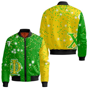 Chaqueta Bomber Reversible Chi Eta Phi con Estampado de Puntos Verde y Amarillo, Logotipo Brillante, Cierre de Cremallera Frontal, Ropa Exterior Casual para Hombre - Product Image 1