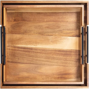 Bandeja Rectangular de Madera para Servir con Asas de Metal Negro y Bordes Elevados, Bandeja Grande Hecha a Mano para Desayuno o Comida, para Mesa de Comedor - Product Image 5