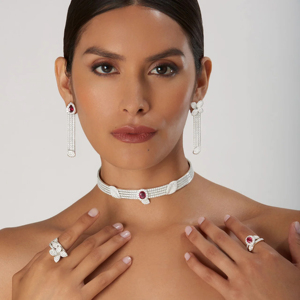 Luxury Women Ruby Choker <b>Necklace</b> Set With Butterfly Earrings And <b>Rings</b> 925 Silver Rhodium Plated Round Brilliant Cut Diamonds - Product Image 2