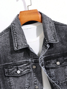 Men's Washed <b>Denim</b> Jacket Solid Color Turn-down Collar Button Closure Regular Fit Casual Outerwear Autumn Cotton <b>Material</b> - Product Image 2