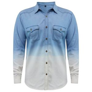 Camisa de Mezclilla para Hombre, Teñido Degradado, Manga Larga, Bolsillos en el Pecho, Cuello Clásico, Corte Regular, 100% Algodón, Color Sólido Informal - Product Image 4