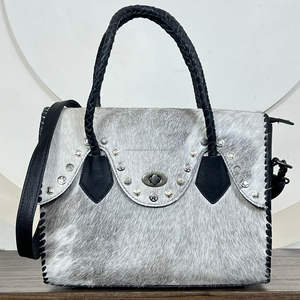 New Premium Designer Genuine Cowhide Leather Handbag for Women High-Quality <b>Hair</b>-On Hide Purse with <b>Braided</b> Handles - Product Image 5