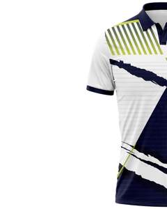 เสื้อโปโลผู้ชายสีน้ำเงินกรมท่าและสีขาว แขนสั้น ลายเรขาคณิต ผ้าโพลีเอสเตอร์ระบายอากาศได้ดี เหมาะสำหรับกีฬากอล์ฟ ลำลอง และฝึกซ้อม - Product Image 3