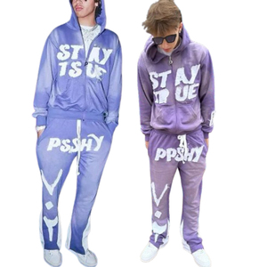 Sweat à capuche épais et pantalon évasé en denim déchiré 100% coton, imprimé graphique, brodé, effet soleil délavé, personnalisable, faible MOQ - Product Image 4