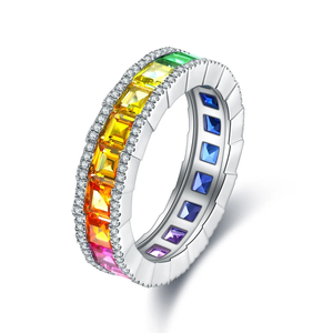 Luxury 925 <b>Silver</b> <b>Eternity</b> Band <b>Ring</b> With Baguette Cut Zircon Channel Setting Geometric Pattern Unisex Everyday Wear - Product Image 4