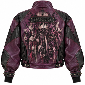 <b>Women</b> Plum Purple Leather <b>Jacket</b> Gothic Queen Portrait Graphic Printed Spiked Studded Stand Collar Bomber Coat Factory Offer - Product Image 2