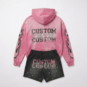 Custom <b>Men's</b> Hooded Sweatshirt & Shorts Set <b>Pink</b> <b>Tie</b>-Dye Rhinestone Letter Print Street Style Fleece Tracksuit Spring Wear - Product Image 2