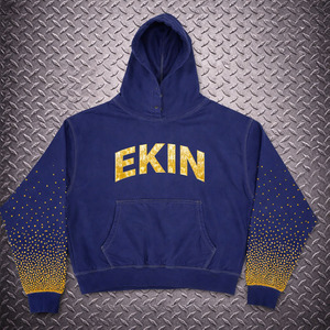 Custom Cotton <b>Fleeced</b> Navy Blue Embroidery Rhinestones logo Oversize Baggy Boxy Fit Pull Over Hoodie for Men Hip Hop Streetwear - Product Image 1