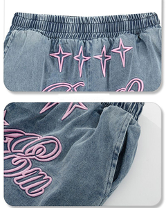 Shorts en coton brodé noir pour homme, taille mi-haute, style décontracté, taille élastique, aspect denim, respirant, tendance - Product Image 4