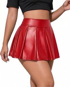 Jupe mini plissée en cuir véritable taille haute pour femme, couleur unie, style sexy brillant, toutes saisons - Product Image 1