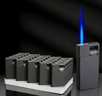 Briquet à gaz moderne en métal avec logo personnalisé, coupe-vent, rechargeable au butane, torche à jet pour cigares, cigarettes, fêtes, allume-feu de sécurité