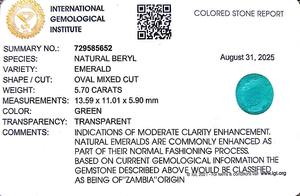พลอยมรกตสีเขียวรูปไข่ 5.70 กะรัต จากแซมเบีย แบบเม็ดเดี่ยว  ขนาด 6.25 มม. ตามแผนภูมิราตติ - Product Image 6
