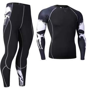 Conjunto de compresión de manga larga para hombre, color negro, cuello redondo, de secado rápido, licra y poliéster, top de manga larga y pantalones, kit sólido para todas las estaciones - Product Image 6