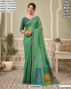Saree en coton Sushma avec travail de tissage, couleur verte, pour femmes, coupe régulière, longueur au sol, style traditionnel 4603 - Product Image 5