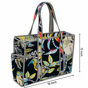 Tropical Print Quilted <b>Canvas</b> Tote Bag 16x15 Inch Double Shoulder Handles Zipper Closure Customizable Fashionable Shopping <b>Beach</b> - Product Image 1