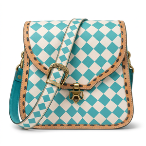 Vintage Genuine <b>Leather</b> Lightweight Shoulder Bag Diamond Lattice Pattern Buckle Closure Single Strap Turquoise White Women's - Product Image 1