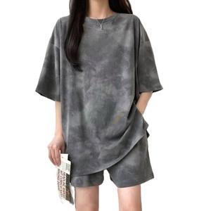 Custom Printed Logo Washed Pattern Custom 100% Cotton Fleece Summer Casual Women's 2-Piece T-Shirt Short Sleeve & Shorts <b>Set</b> - Product Image 1