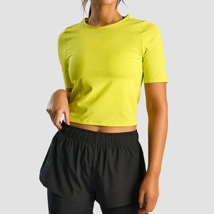 Camiseta de yoga informal para mujer, diseño de longitud crop, color personalizado, cintura ajustada, manga corta, diseño holgado, top de yoga para mujer - Product Image 1