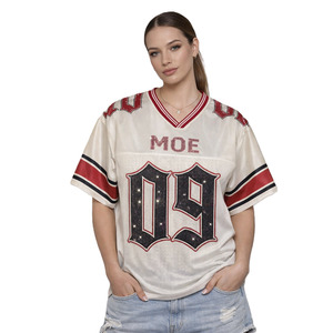Maillot de football américain personnalisé en strass pour femme, coupe oversize, blanc, en maille, col en V, scintillant, brillant, streetwear d'équipe, OEM/ODM - Product Image 2