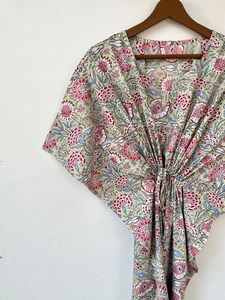 Nouveau Kaftan Indien Longue Évasée à Col en V Imprimé Animal avec Cordon de Serrage, Manches Courtes, Coupe Confortable, en Coton Doux, Dentelle d'Été pour Femme - Product Image 2
