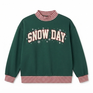 Custom Women Casual Winter Light Blue Knitted Fleece Sweatshirt with Embroidery Jingle Graphic Print <b>Red</b> Plaid <b>Gingham</b> Mock Neck - Product Image 4