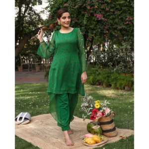 Conjunto de Kurta de Crepé Transpirable Verde Brillante para Mujer, Talla XS - Product Image 3