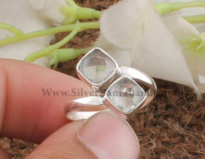 Bague carrée en cristal en gros, bague à deux pierres en argent sterling 925 pour femme, bague de fiançailles en pierres précieuses, fournisseur de bijoux - Product Image 2