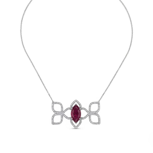 Collar con Colgante de Flor con Rubí en el Centro, Diamantes Engastados, Chapado en Rodio, Acero Inoxidable, Estilo Clásico para Mujer - Product Image 3