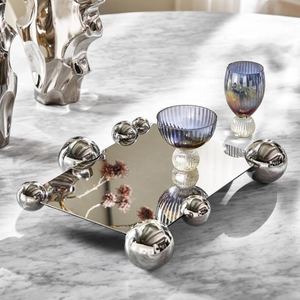 Wholesale Luxury <b>Silver</b> Rectangular <b>Tray</b> Bulk Hotel Serving Platter with Elegant Sphere Ornament Rim and <b>Mirror</b> Finish Polish - Product Image 1
