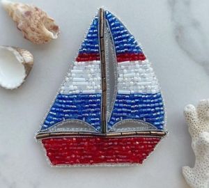 Handmade Beaded Sailboat Ornament Red White Blue <b>Nautical</b> Theme Home Decoration Craft Accessory - Product Image 1