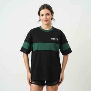 T-shirt pour femme, noir et vert, coupe ample, col rond, manches courtes, décontracté, 100% coton, impression de logo personnalisée - Product Image 1