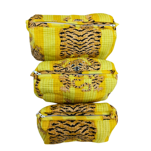 Sac cosmétique durable à rayures de tigre imprimé en blocs-Pochette en coton jaune - Product Image 3