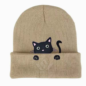 Gorro de Punto SPARKWELL Gris con Gato Bordado, Unisex para Adultos, 100% Acrílico, Diseño de Dibujos Animados, Cálido para Invierno - Product Image 4